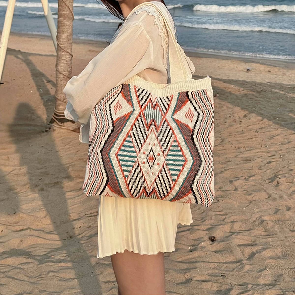 Вязаная сумка для женщин, большая вместимость, сумка через плечо в стиле casual, для отдыха на море, плетеная сумка в лесном...