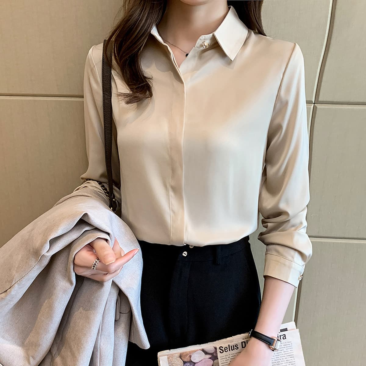 Женская рубашка из сатина для деловых встреч и собеседований, осень-зима 2025, белая, немнущаяся, с длинным рукавом,...