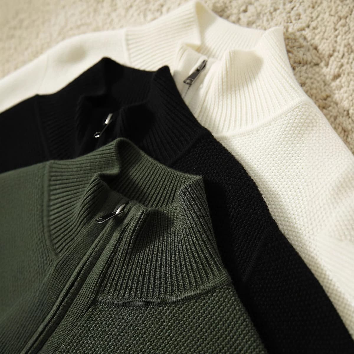 Осенний новый маленький вертикальный воротник двойной молнии дизайн чувствует шерстяной вязаный кардиган