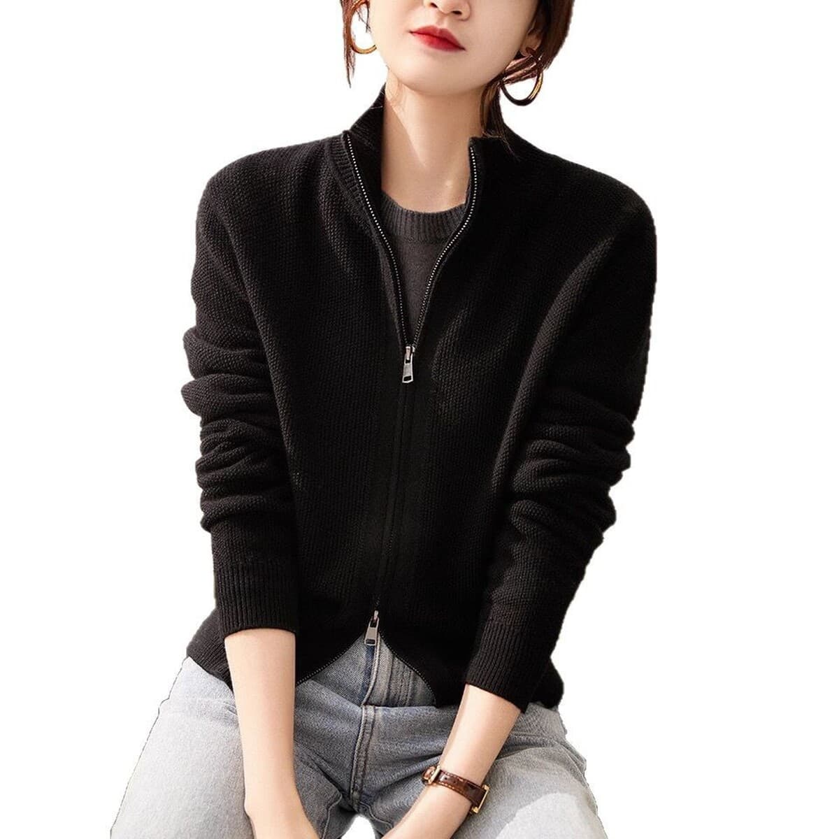 Осенний новый маленький вертикальный воротник двойной молнии дизайн чувствует шерстяной вязаный кардиган