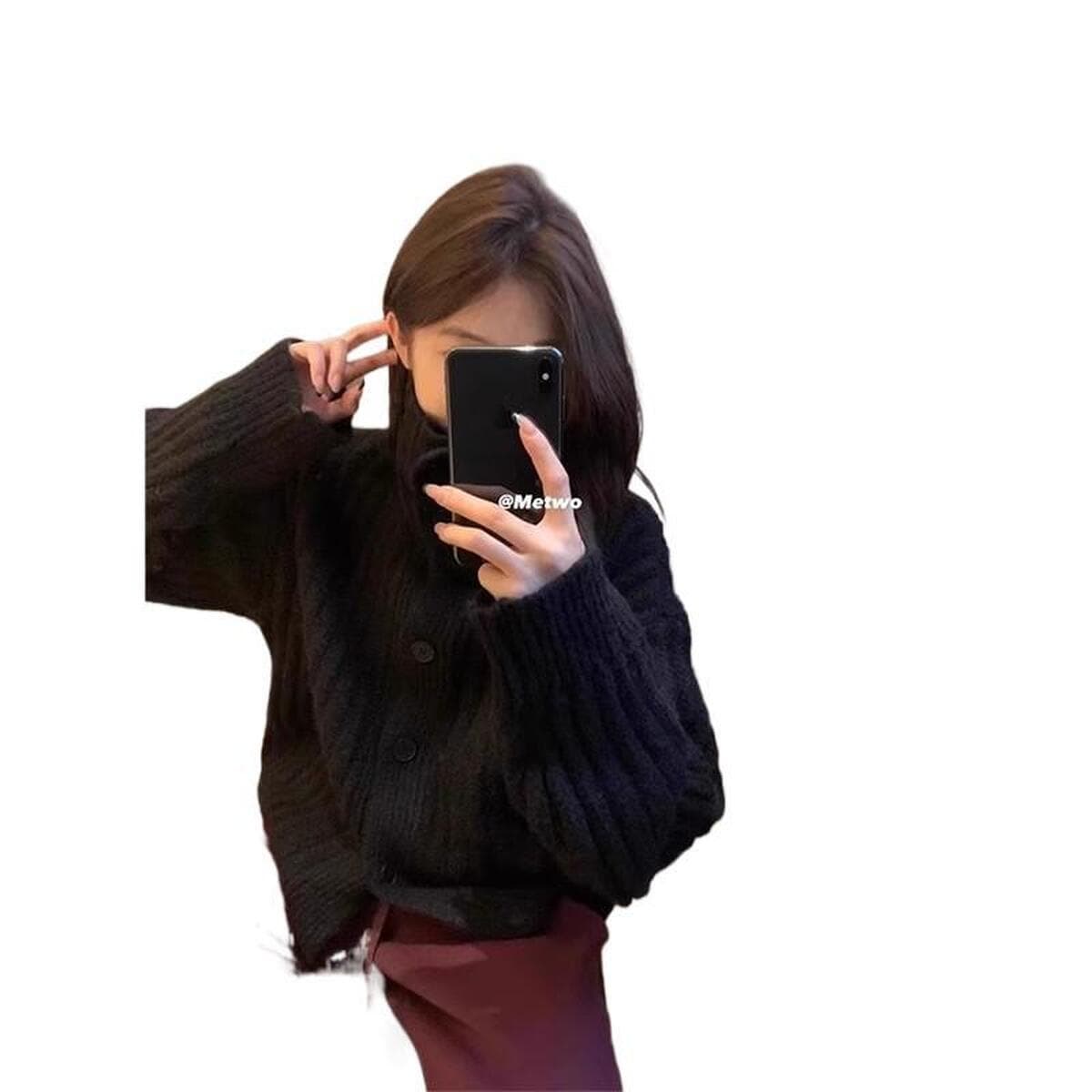 Мягкий восковой черный свитер с высоким водолазом женский толстый свободный ленивый вязаный кардиган короткий топ зимой