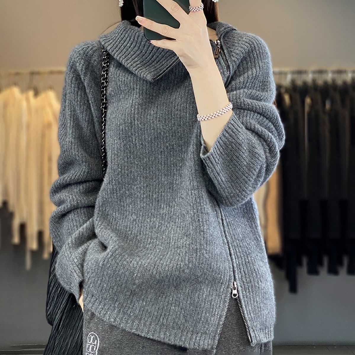 Осенний и зимний толстый иностранный свитер кардиган на молнии топ куртка с длинными рукавами