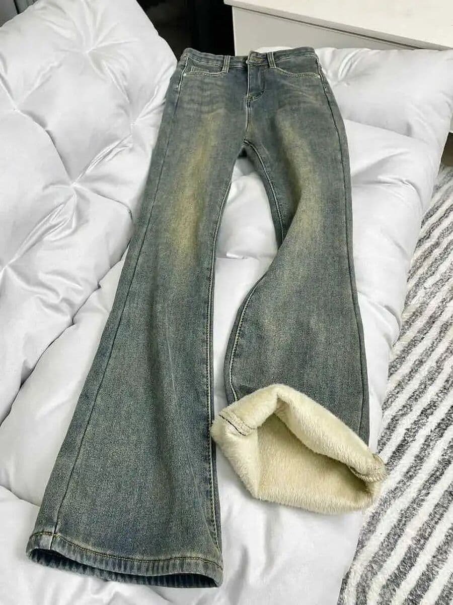 Американские ретро-джинсы синего цвета на флисовой подкладке для женщин, слегка расклешенные, новый зимний стиль, слегка...