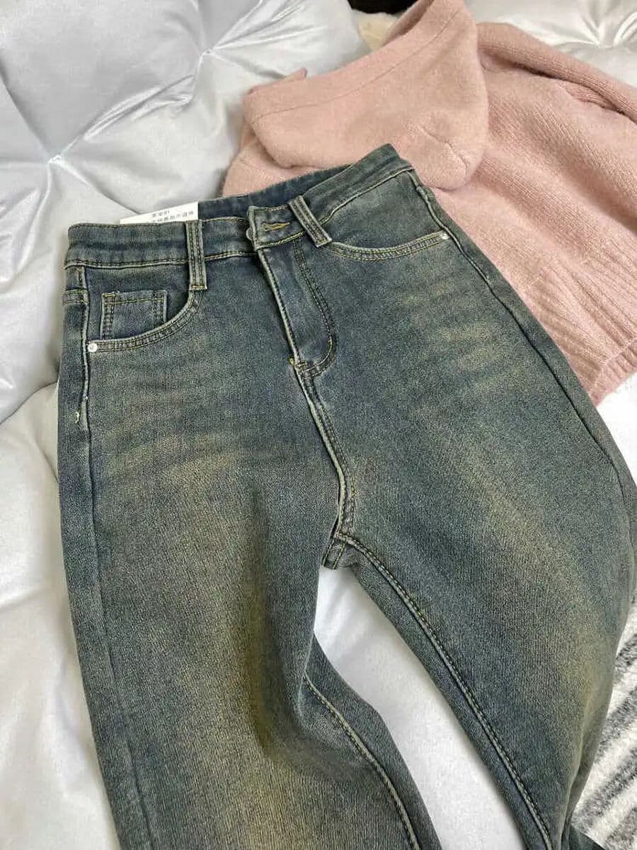 Американские ретро-джинсы синего цвета на флисовой подкладке для женщин, слегка расклешенные, новый зимний стиль, слегка...