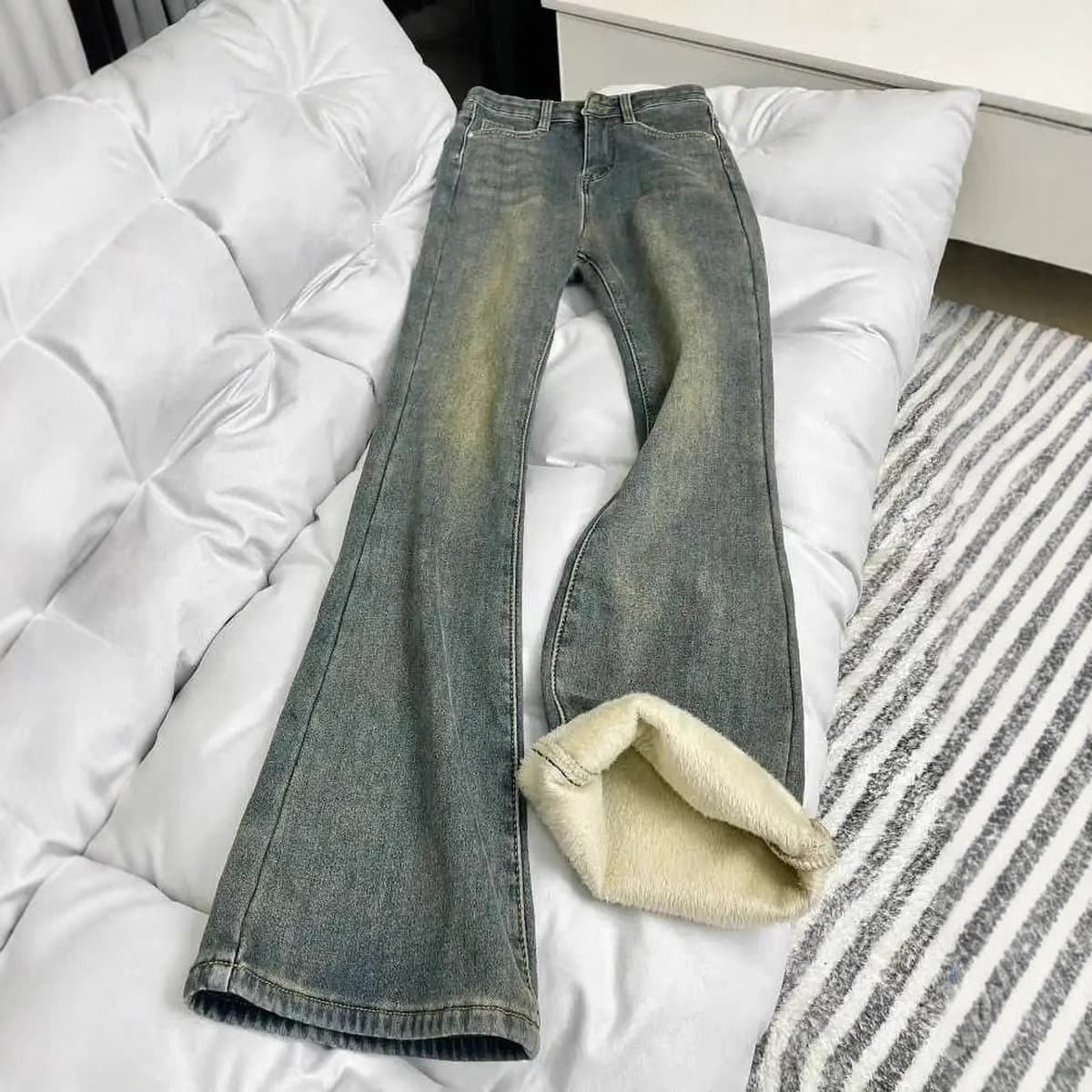 Американские ретро-джинсы синего цвета на флисовой подкладке для женщин, слегка расклешенные, новый зимний стиль, слегка...