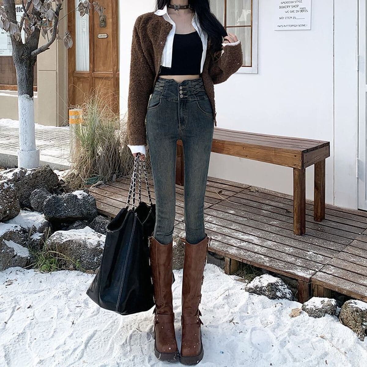 Утолщенные Серые Цементные джинсы с завышенной талией на флисовой подкладке, Женские Новые облегающие эластичные...