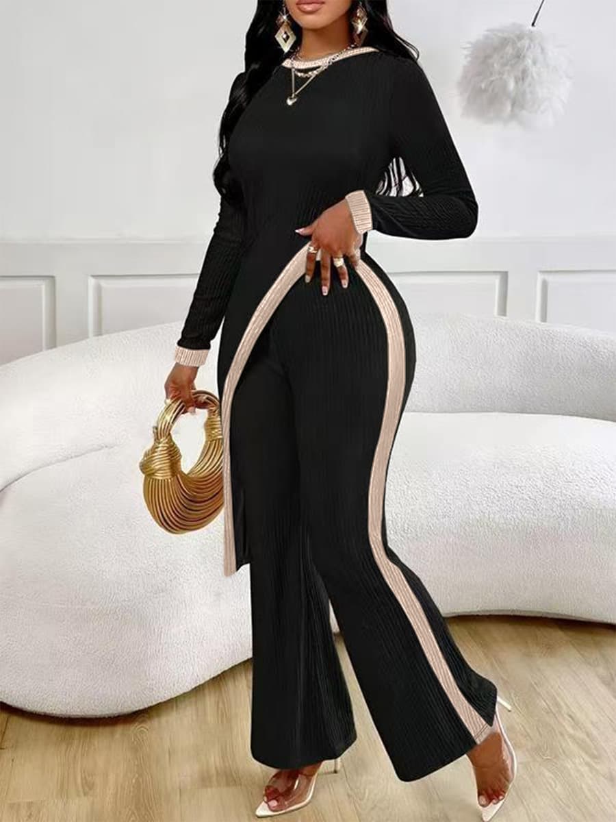 Европейско-американский трансграничный комплект: новая женская модная футболка с длинным рукавом, цветными блоками и боковым...