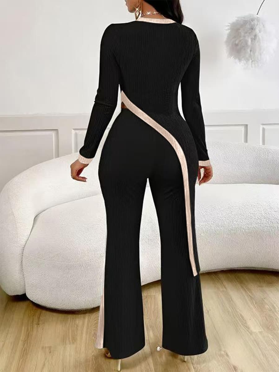 Европейско-американский трансграничный комплект: новая женская модная футболка с длинным рукавом, цветными блоками и боковым...