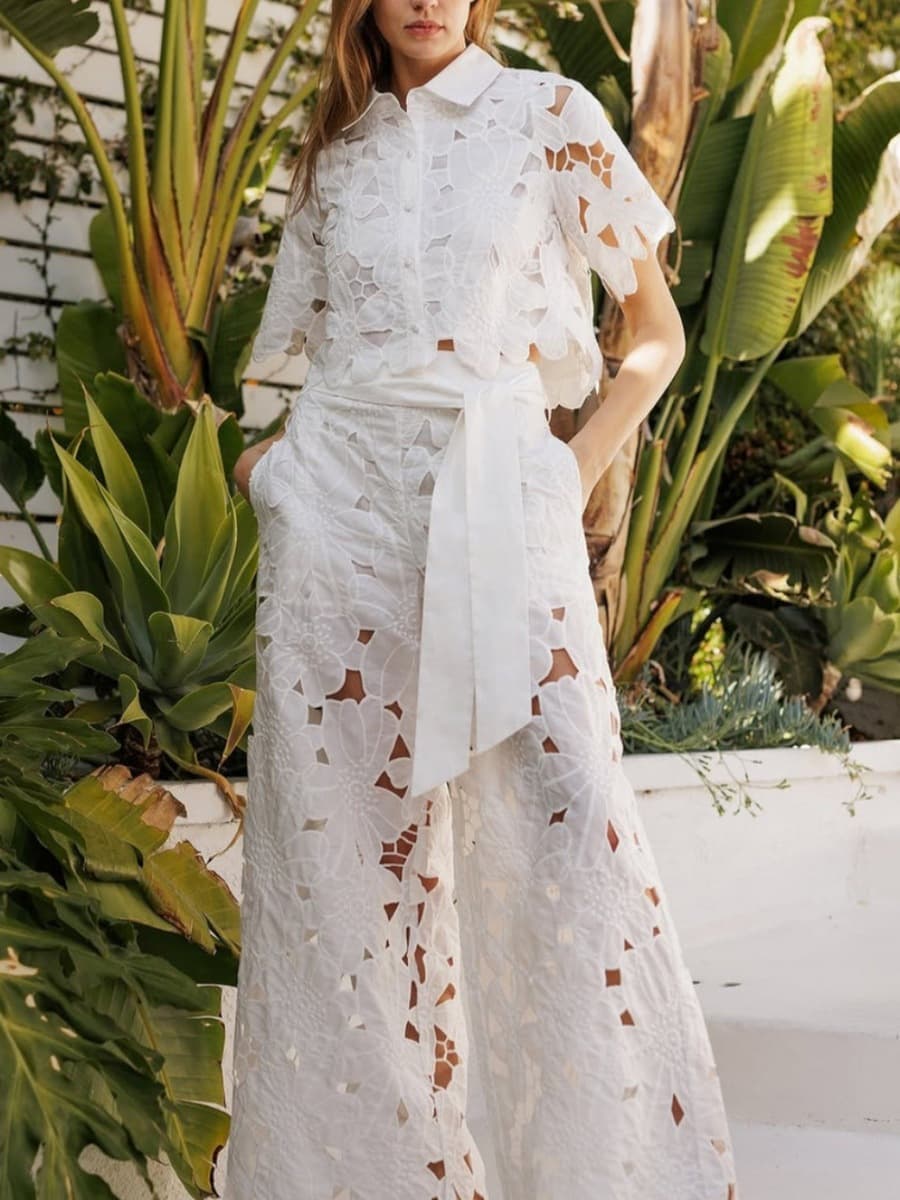 2025 летний новый трансграничный европейский и американский женский костюм сплошной цвет повседневный ажурный кардиган топ...