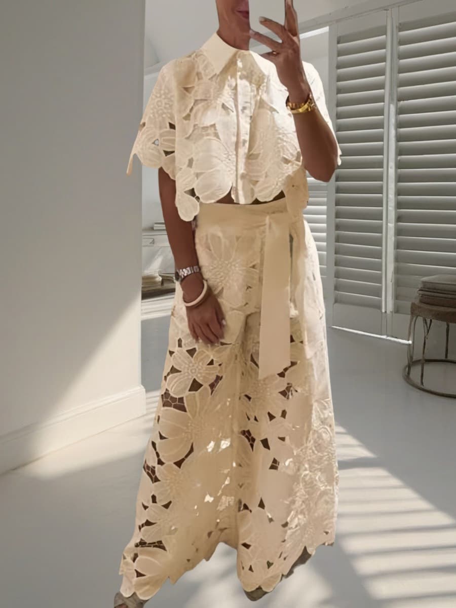 2025 летний новый трансграничный европейский и американский женский костюм сплошной цвет повседневный ажурный кардиган топ...