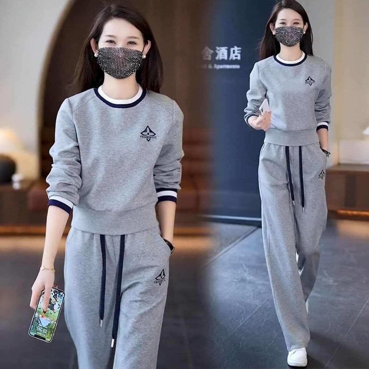 Европейская станция повседневная спортивная одежда набор дамы весенний и осенний свободный модный круглый воротник...