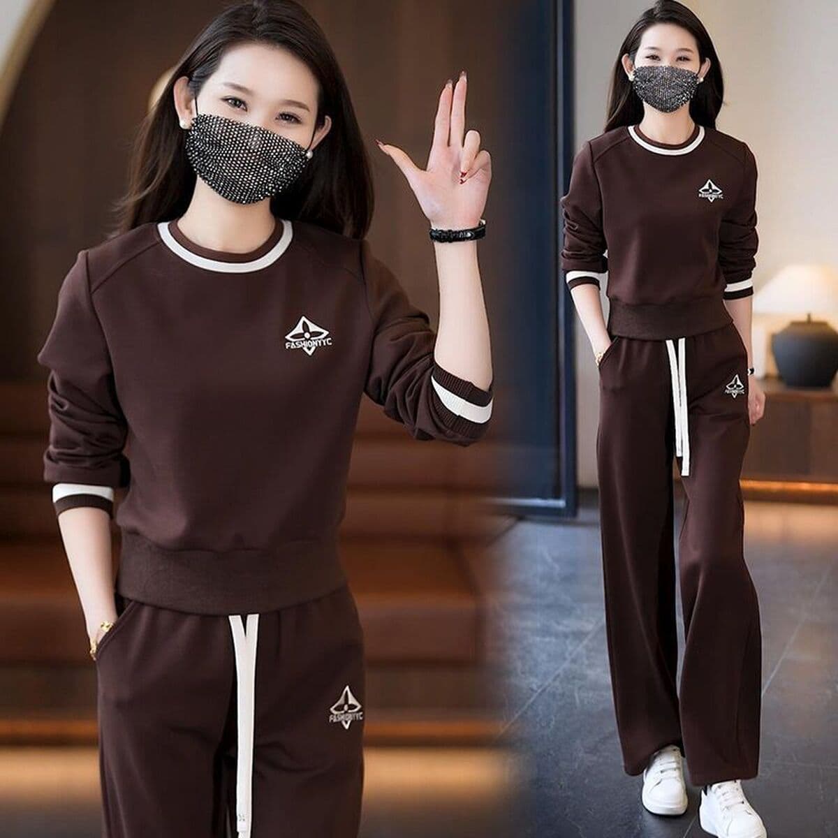 Европейская станция повседневная спортивная одежда набор дамы весенний и осенний свободный модный круглый воротник...