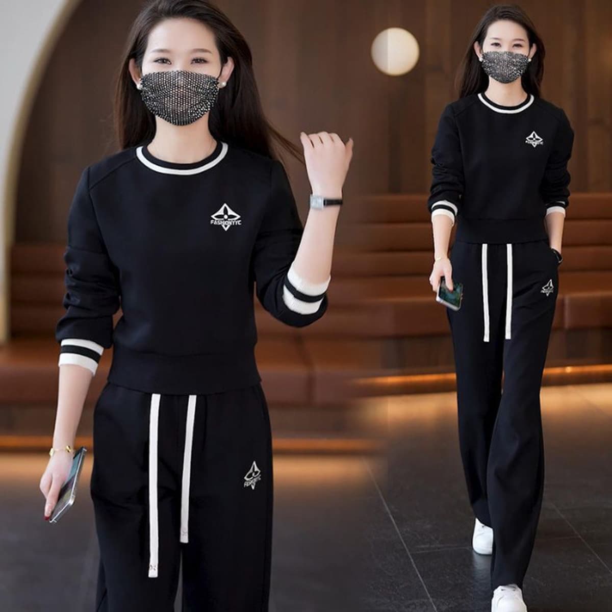 Европейская станция повседневная спортивная одежда набор дамы весенний и осенний свободный модный круглый воротник...