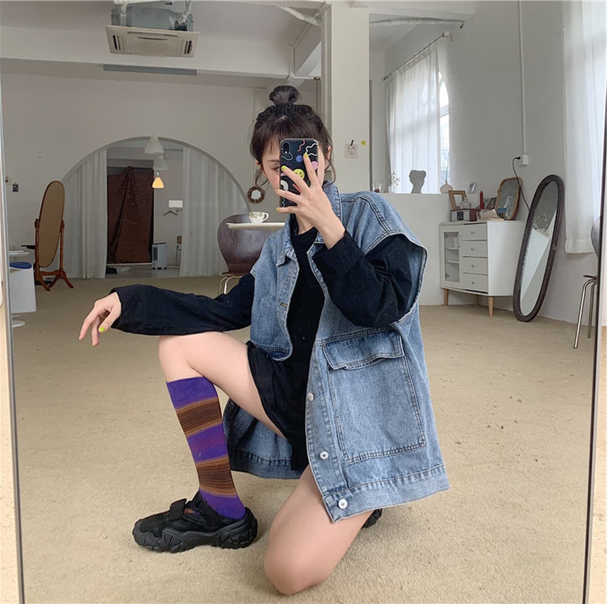 Chic ретро свободный джинсовый жилет женский весенний и осенний средний длинный пиджак новый безрукавный пиджак