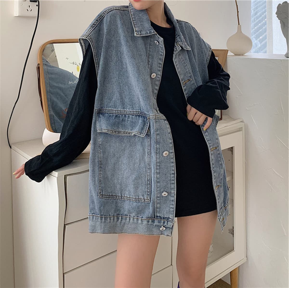 Chic ретро свободный джинсовый жилет женский весенний и осенний средний длинный пиджак новый безрукавный пиджак