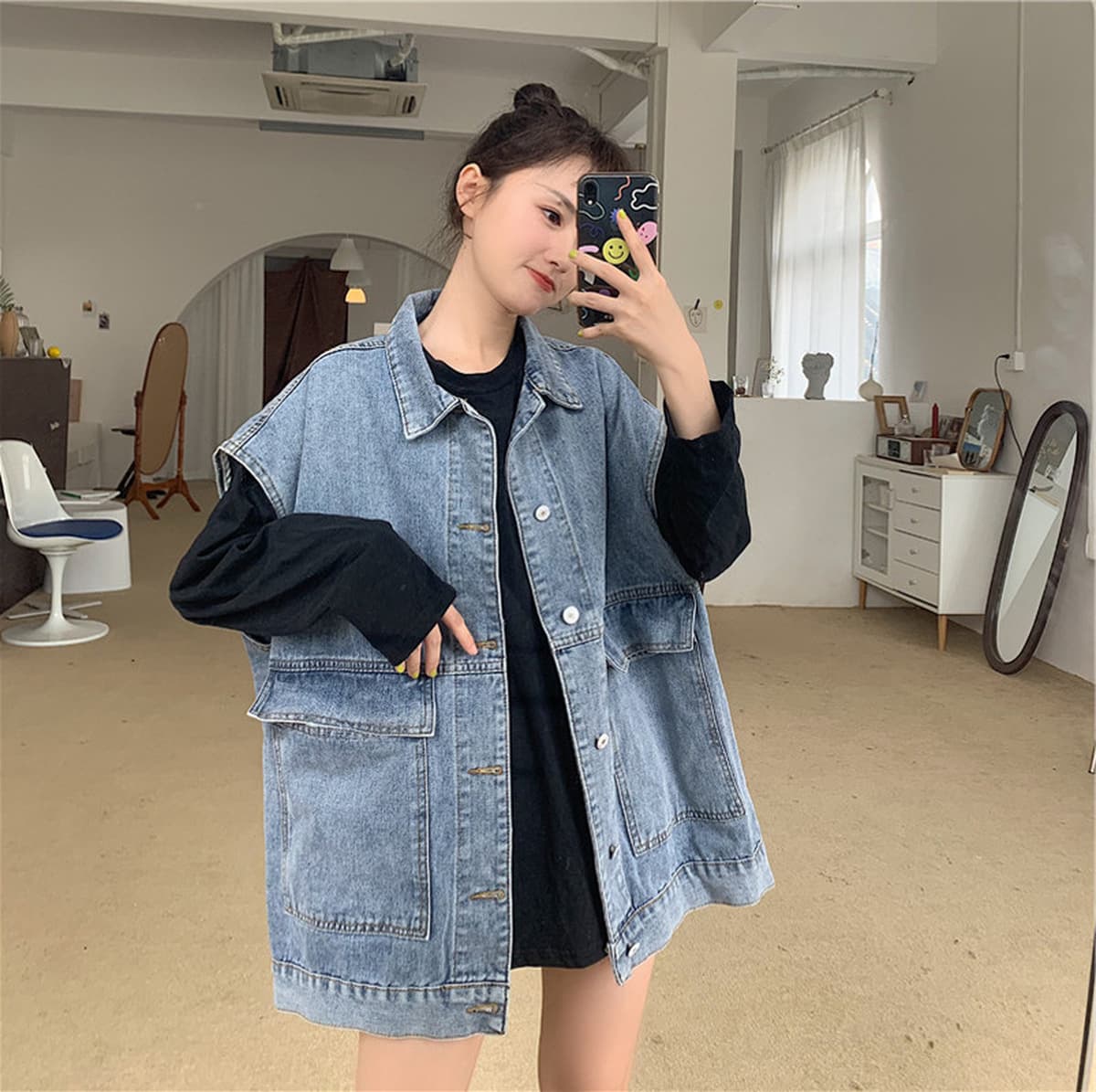 Chic ретро свободный джинсовый жилет женский весенний и осенний средний длинный пиджак новый безрукавный пиджак