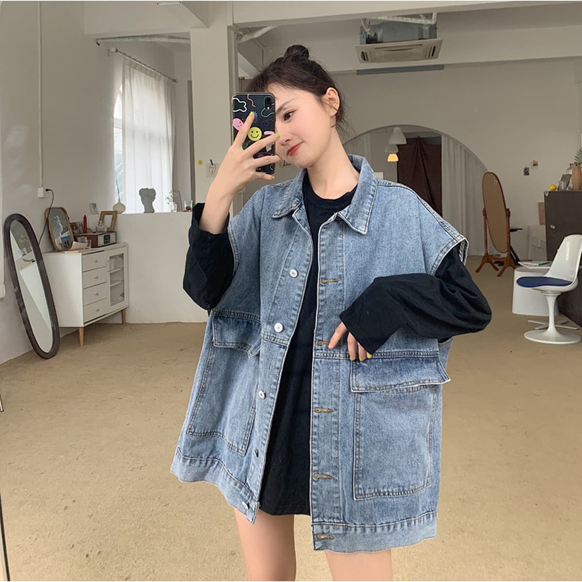 Chic ретро свободный джинсовый жилет женский весенний и осенний средний длинный пиджак новый безрукавный пиджак