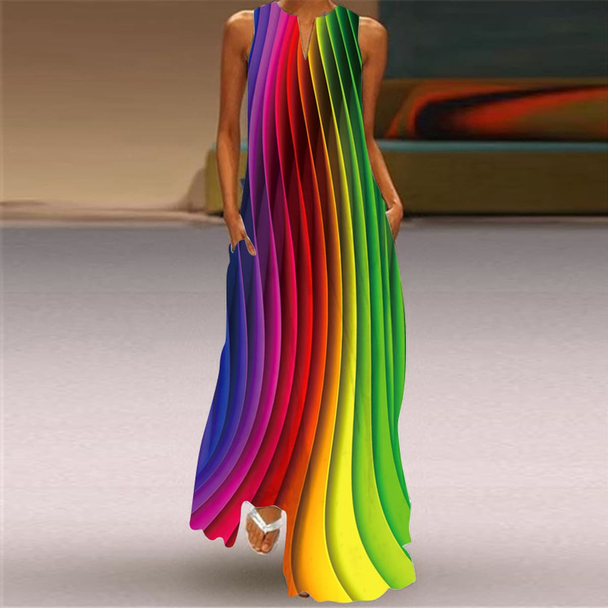 Новое летнее женское платье 2026 года без рукавов с V-образным вырезом, с принтом, сексуальное, длинное, в европейском и...