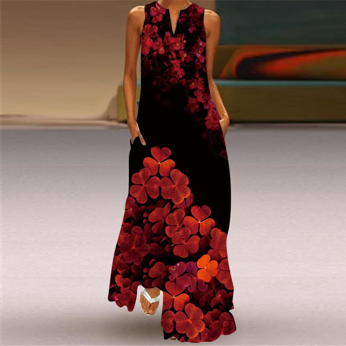Новое летнее женское платье 2026 года без рукавов с V-образным вырезом, с принтом, сексуальное, длинное, в европейском и...