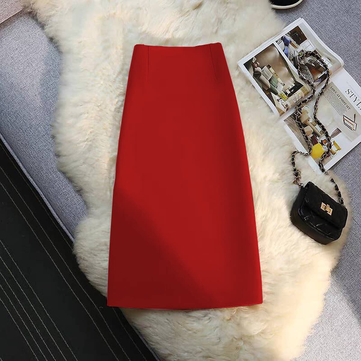 Костюм Юбка Женская средняя длинная прямая юбка с подвеской Лето 2025 Маленькая сумка ветер с открытыми вилками