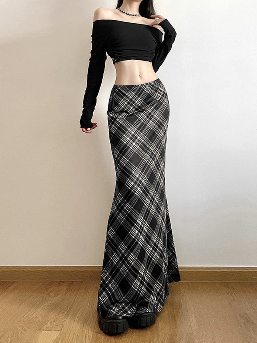 2024 Европа и США внешняя торговля летом новый тонкий модный клетчатый с высокой талией гусиный хвост юбка юбка женский