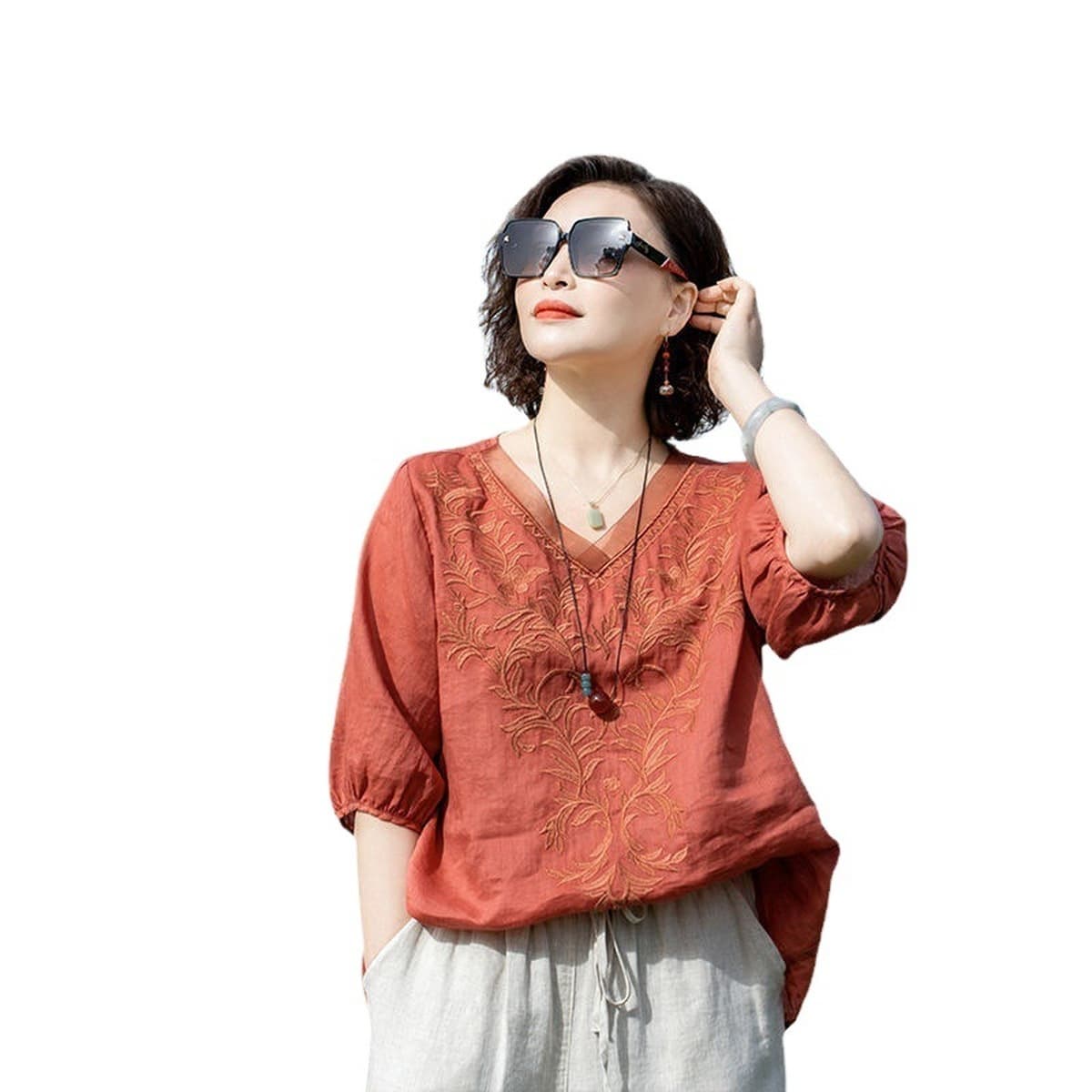 Высококачественная хлопковая и льняная вышивка рубашка женская лето 2023 года