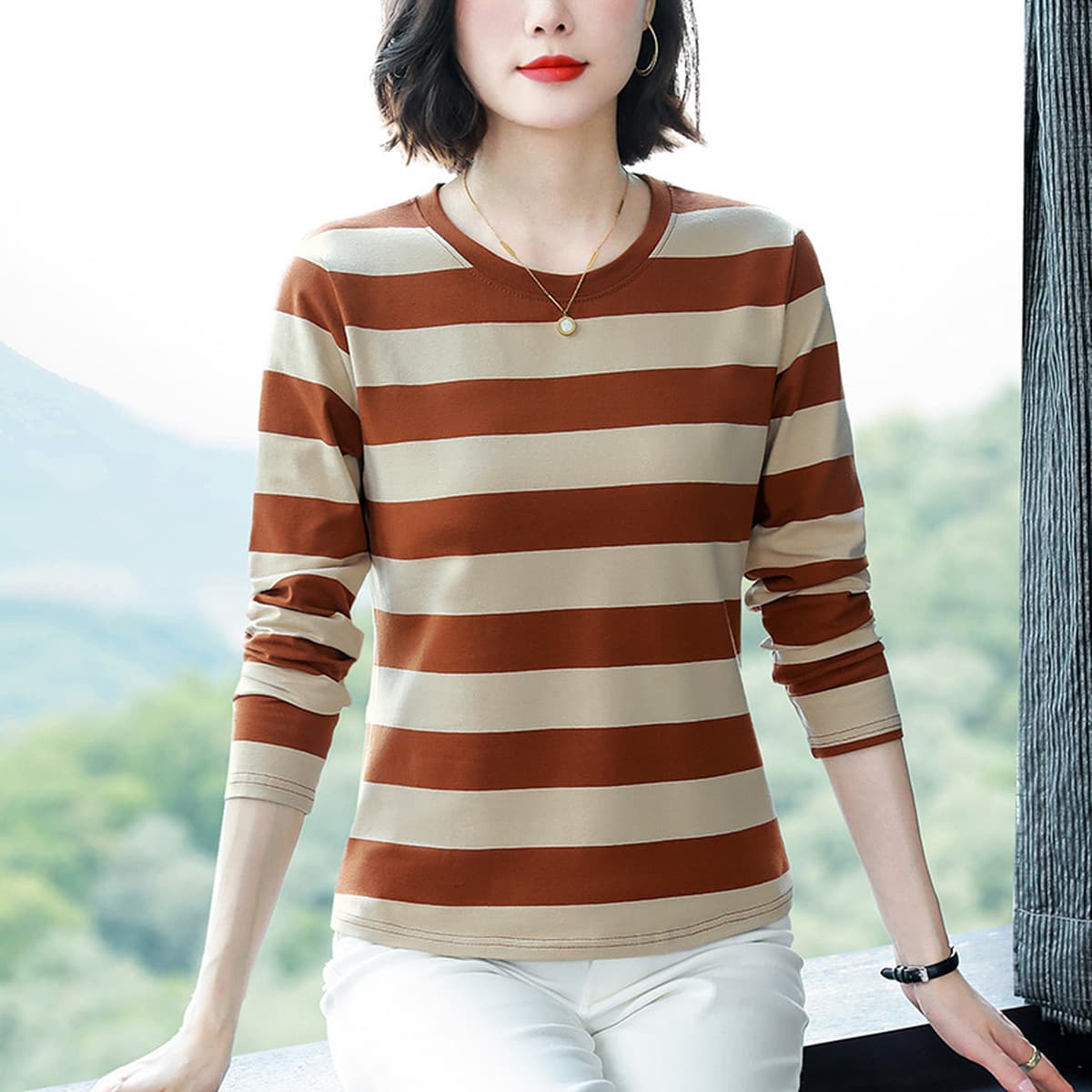 2024 новая хлопчатобумажная футболка с длинными рукавами нижняя рубашка женская весна и осень