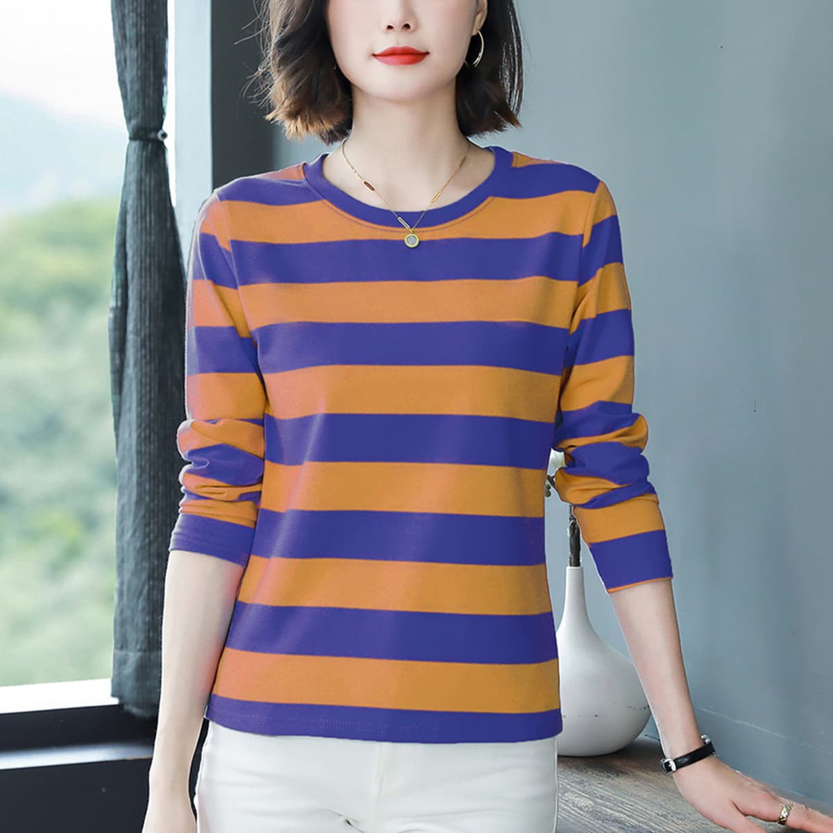 2024 новая хлопчатобумажная футболка с длинными рукавами нижняя рубашка женская весна и осень