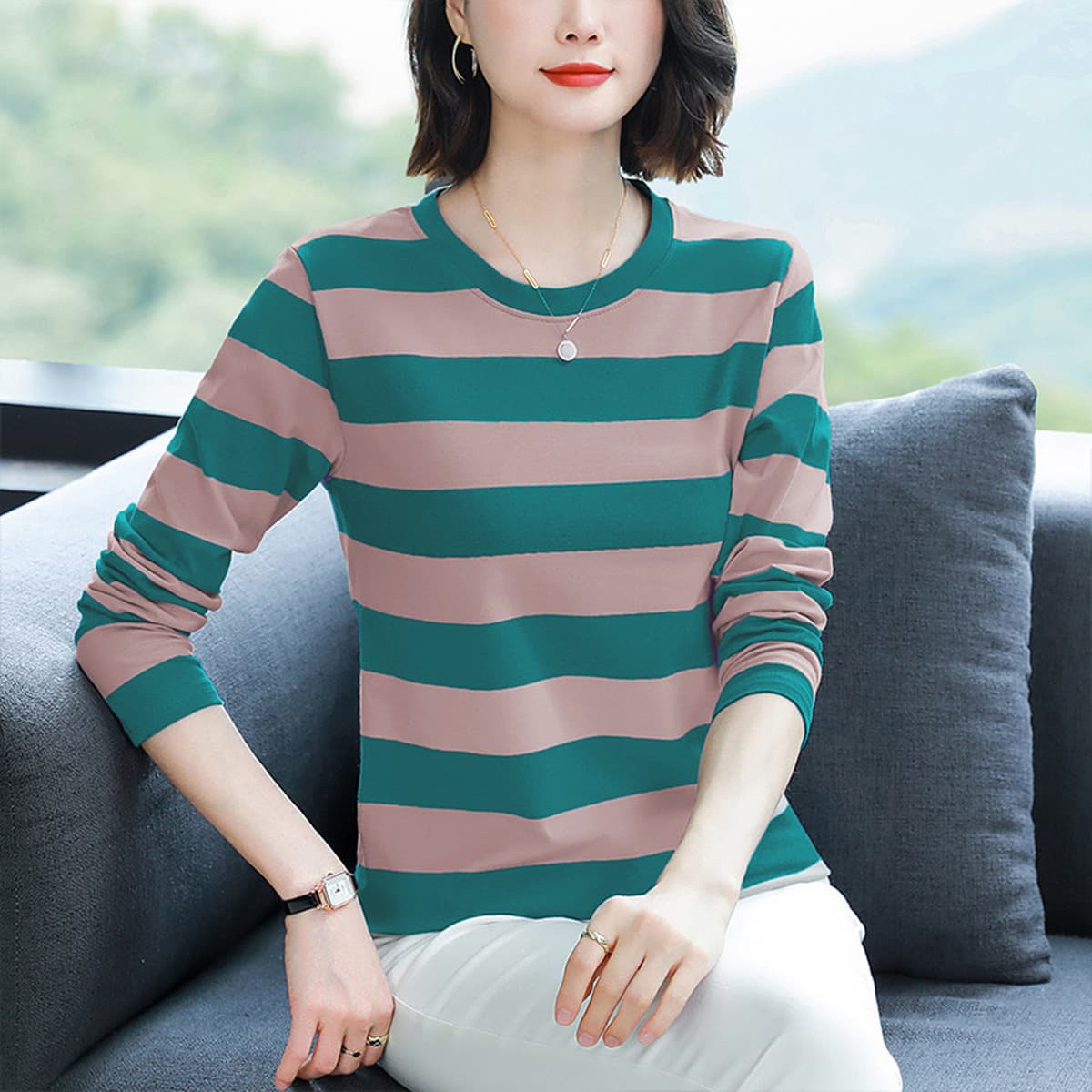 2024 новая хлопчатобумажная футболка с длинными рукавами нижняя рубашка женская весна и осень