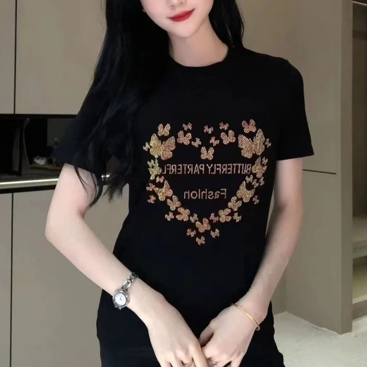 Блестящая женская летняя футболка с короткими рукавами, круглый вырез, стройнящий вид, сверхпрочный топ большого размера для...