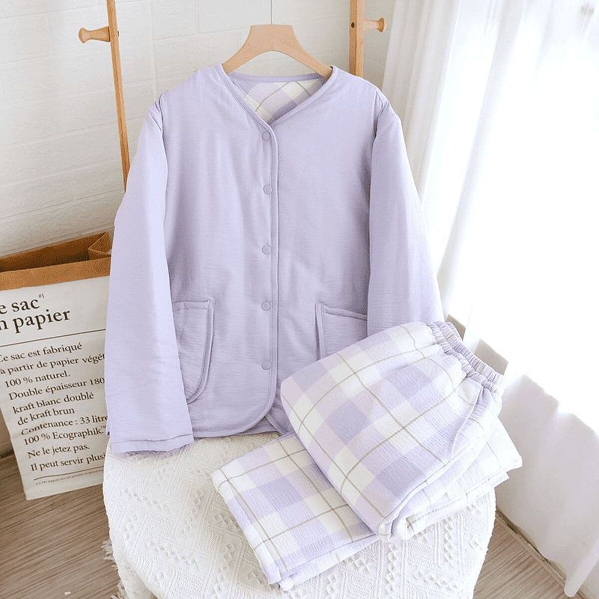 Без печати хороший японский стиль утолщенный хлопок двухслойная хлопчатобумажная пижама женская сплошная мужская зимняя...