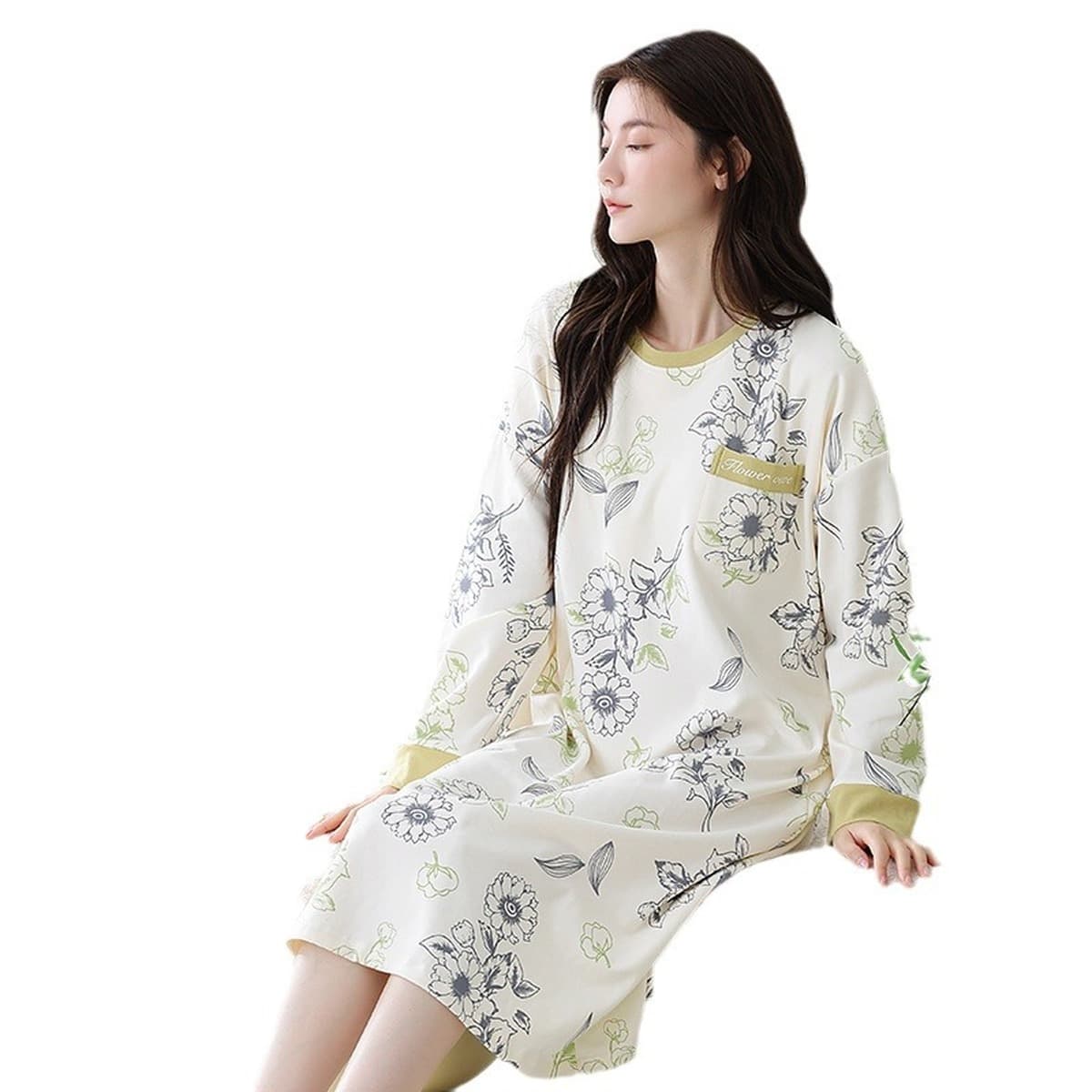 Ночная юбка с нагрудными подушками женская весна и осень с длинными рукавами свободная сладкая женская пижама может носить...