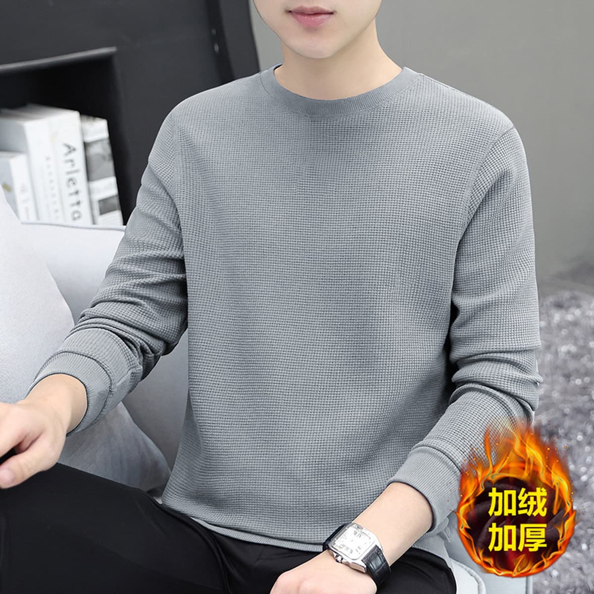 Мужская толстовка из плотного вафельного трикотажа 320 г, с длинным рукавом, новая модная базовая футболка-топ для осени и...