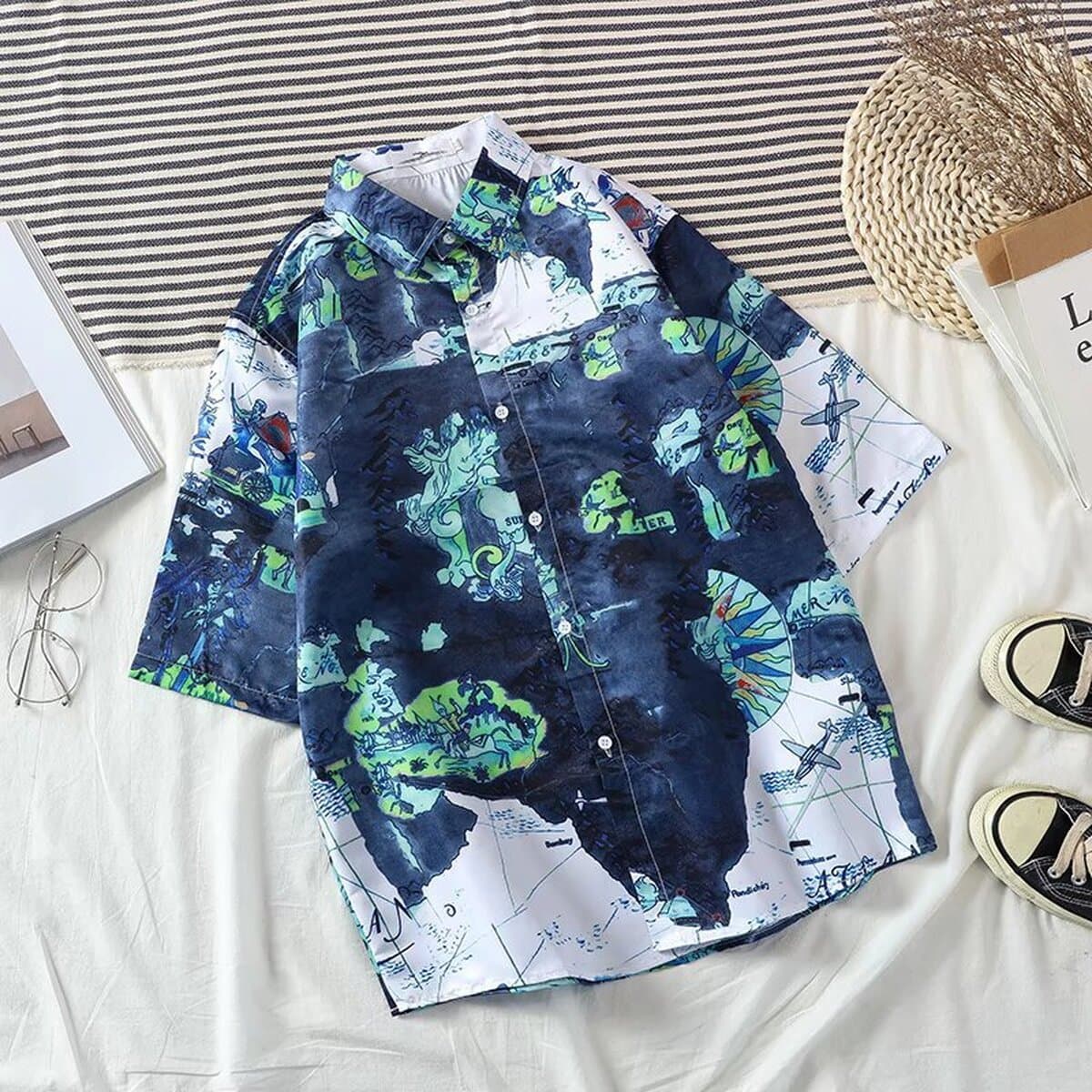 Новая рубашка с цветочным принтом, мужская свободная студенческая рубашка с короткими рукавами, модная рубашка с цветочным...