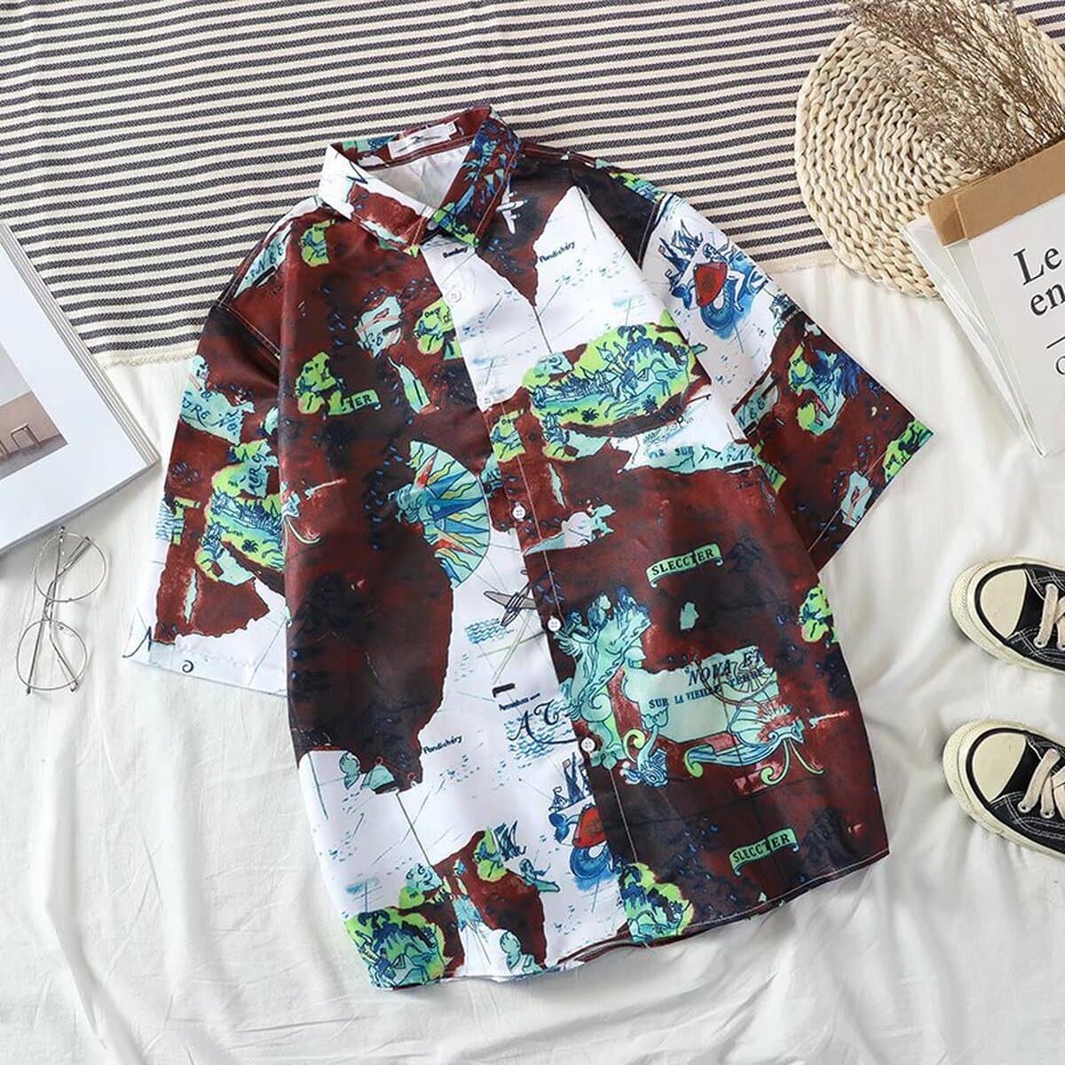 Новая рубашка с цветочным принтом, мужская свободная студенческая рубашка с короткими рукавами, модная рубашка с цветочным...