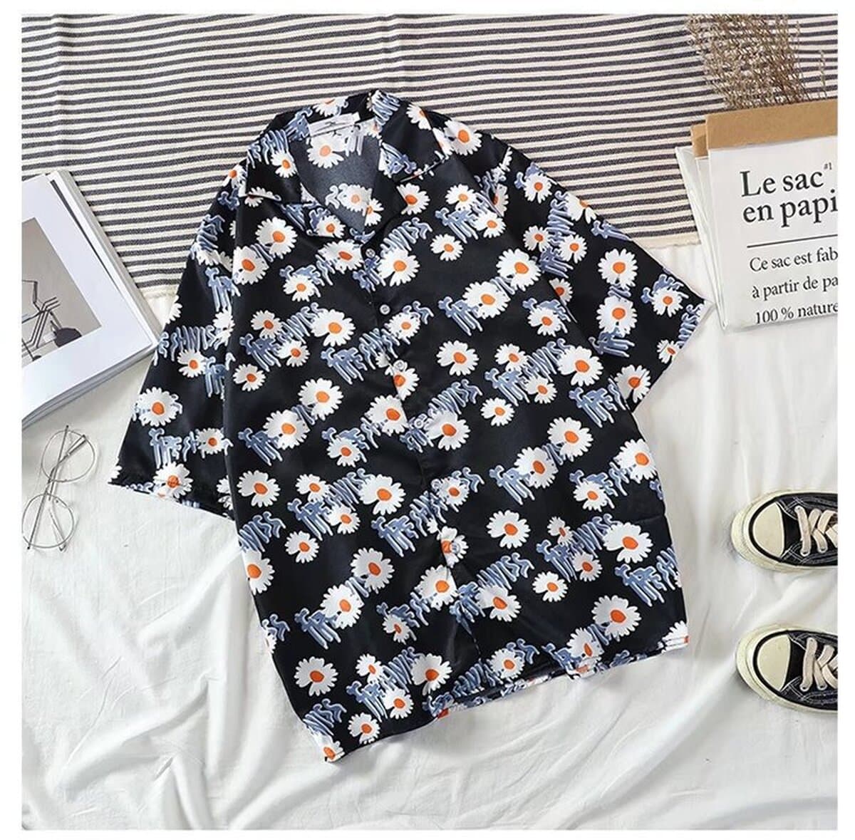 Новая рубашка с цветочным принтом, мужская свободная студенческая рубашка с короткими рукавами, модная рубашка с цветочным...