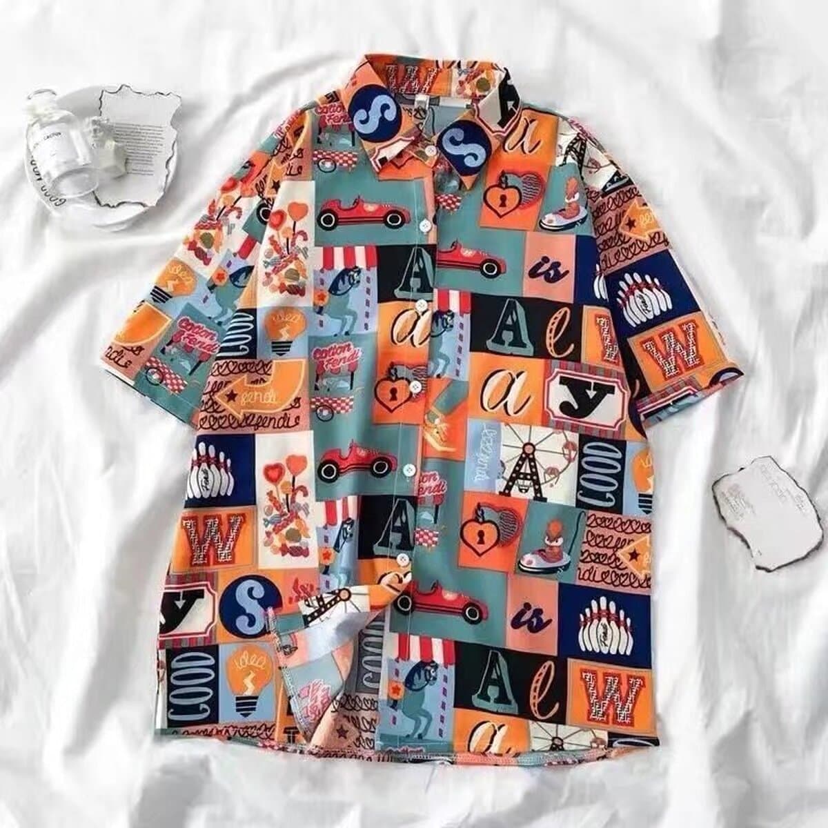 Новая рубашка с цветочным принтом, мужская свободная студенческая рубашка с короткими рукавами, модная рубашка с цветочным...