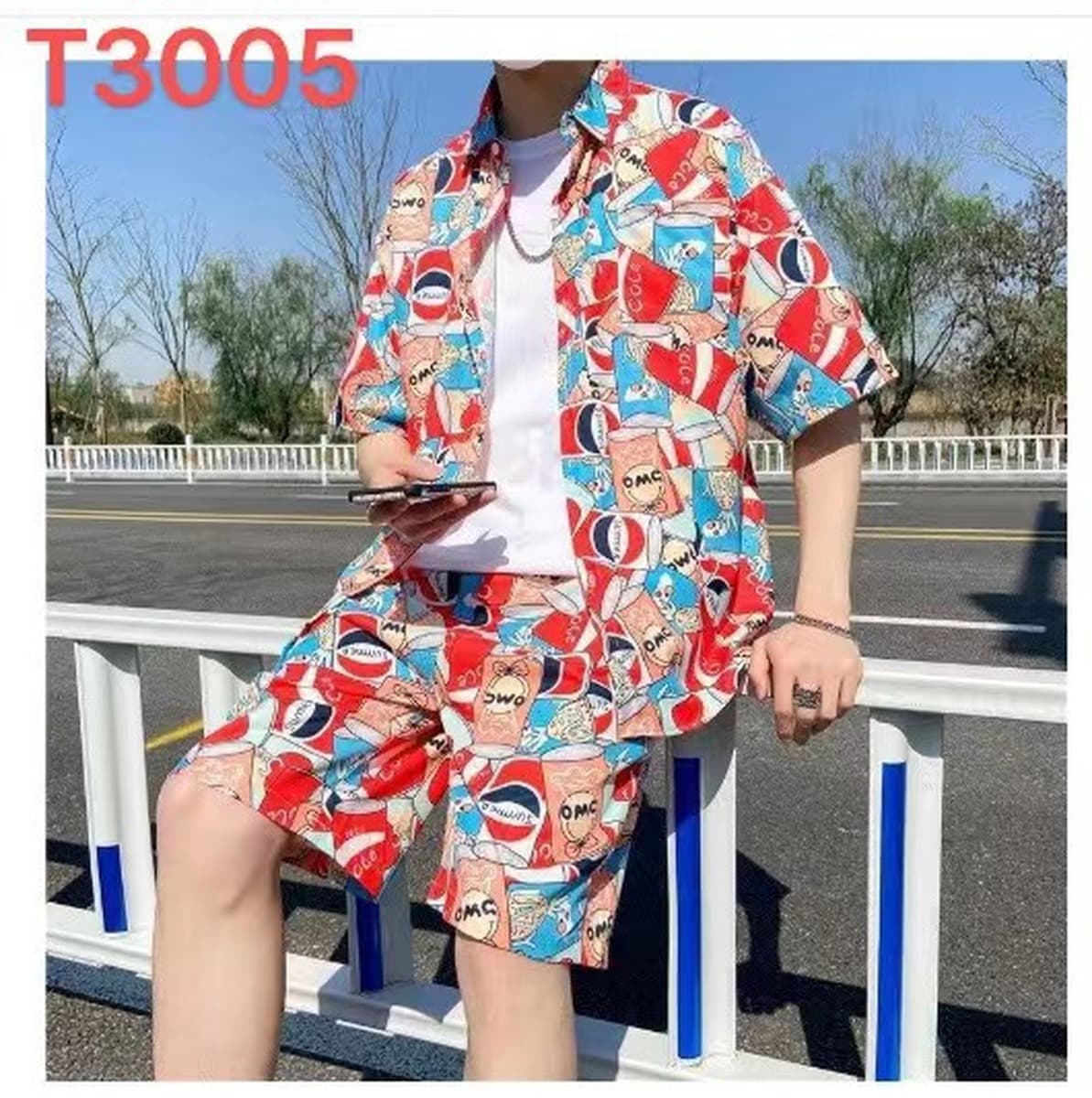 Мужской пляжный костюм из ледяного шелка: рубашка с коротким рукавом и цветочным принтом, свободные гавайские шорты большого...