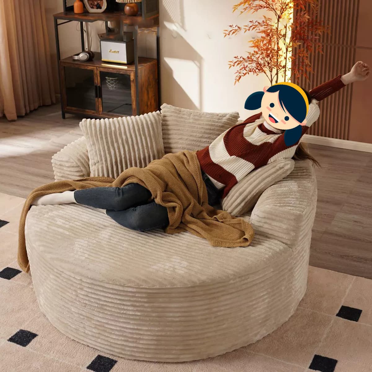 Круглое бескаркасное кресло-софа для гостиной, тканевое, компактное, простое, трансформируемое в кровать