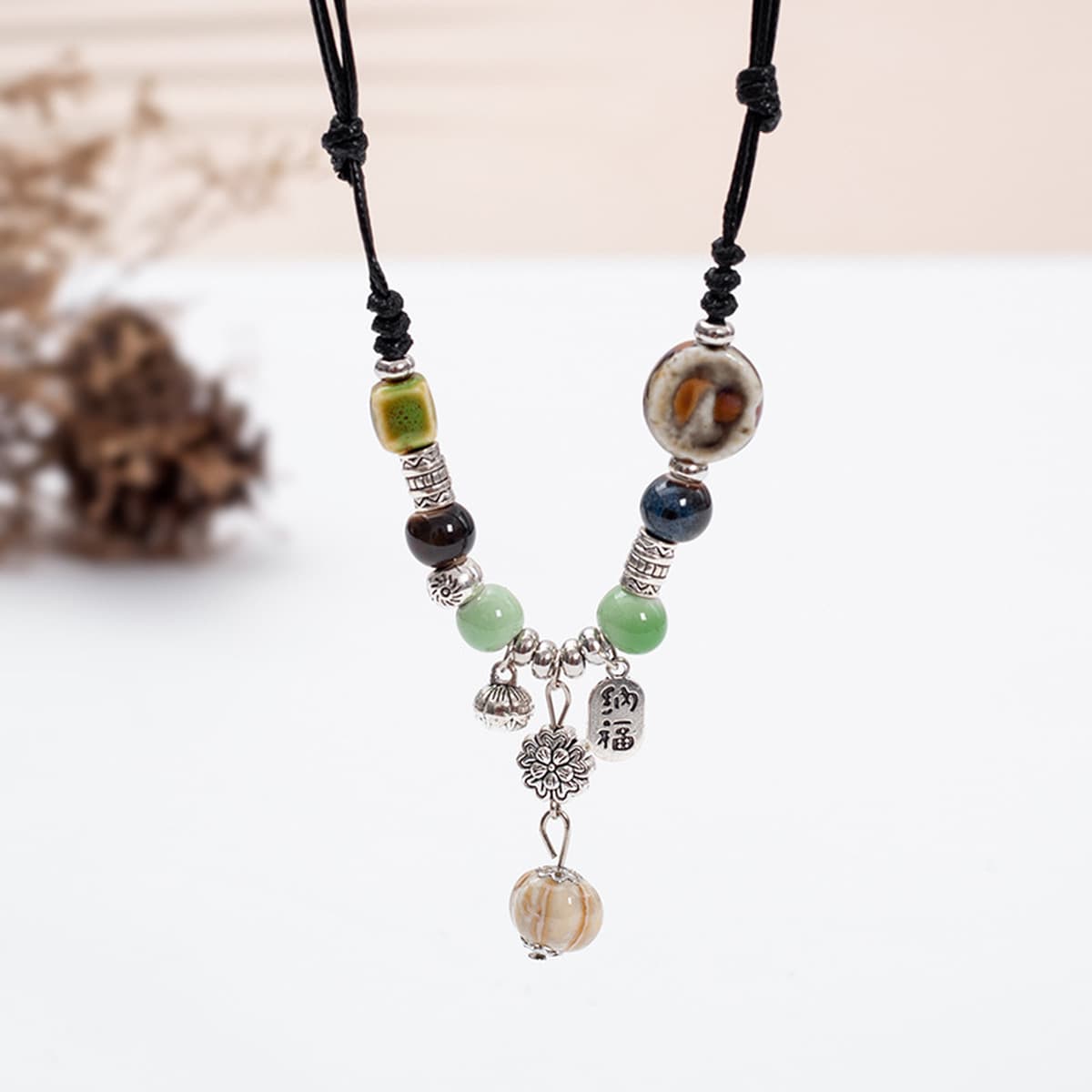 Пьяная любовь керамическое ожерелье из бисера женское Новое китайское Ретро плетеное ожерелье из веревки Национальный ветер...