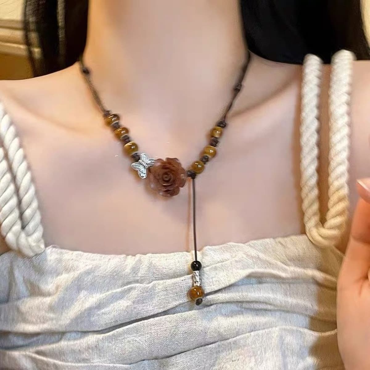 Этничный стиль ретро литературный национальный стиль хлопчатобумажный льняный керамический ожерелье женский бабочка лесбиянка